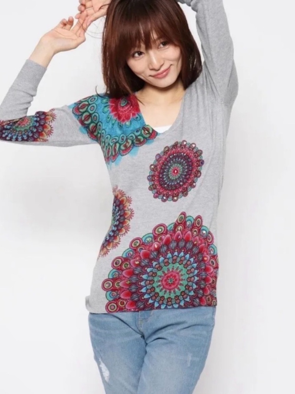 Desigual Gray Long-Sleeve V-Neck Top with Pink, Teal and Blue Mandala Prints